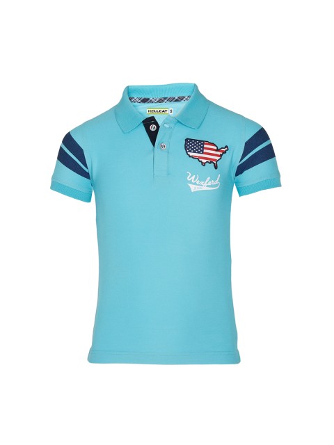 

HELLCAT Boys Turquoise Blue Printed Polo Collar T-shirt