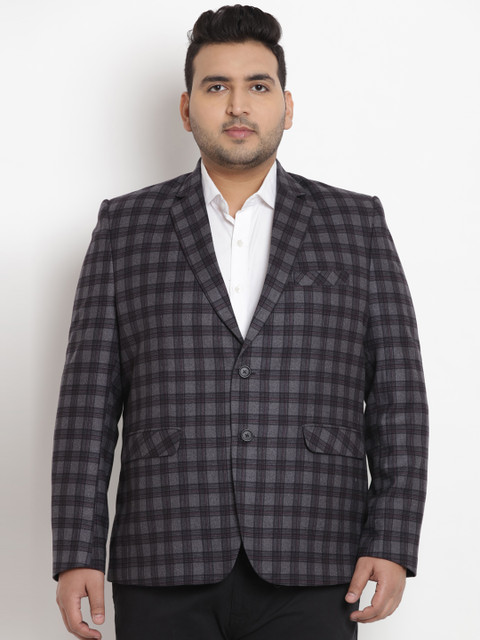 

John Pride Plus Size Men Grey Checked Single-Breasted Blazer