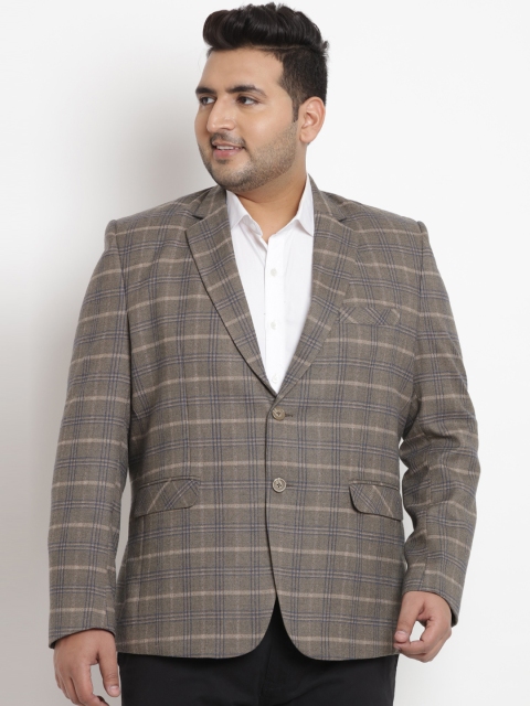 

John Pride Plus Size Men Khaki-Coloured Checked Single-Breasted Blazer