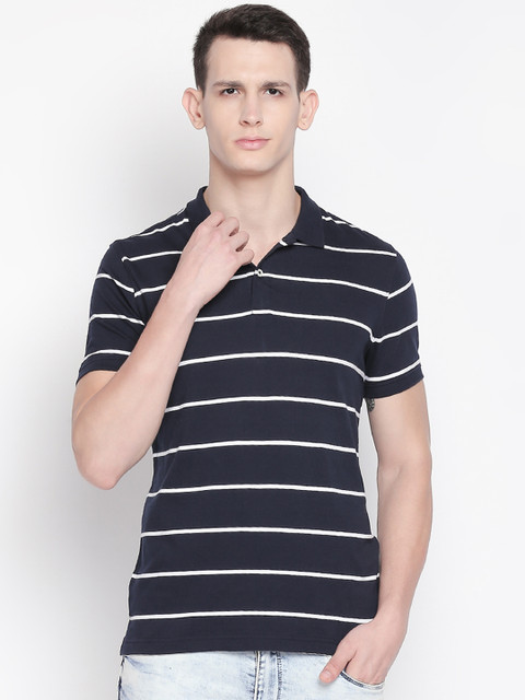 

BYFORD by Pantaloons Men Navy Blue & White Striped Polo Collar T-shirt