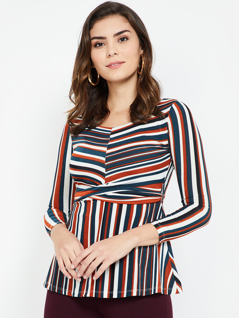 

CODE by Lifestyle Women Off-White & Blue Striped Cinched Waist Top