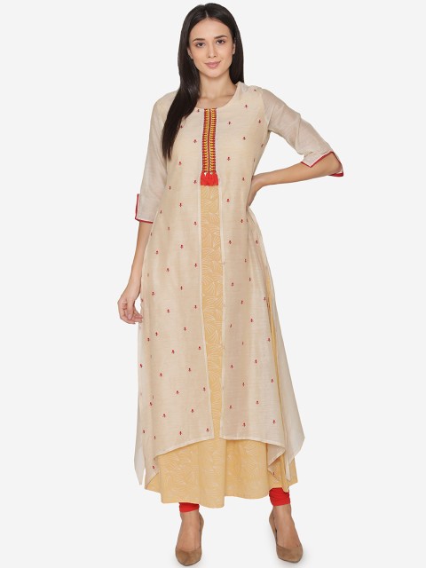 

Laabha Women Beige Embroidered A-Line Kurta