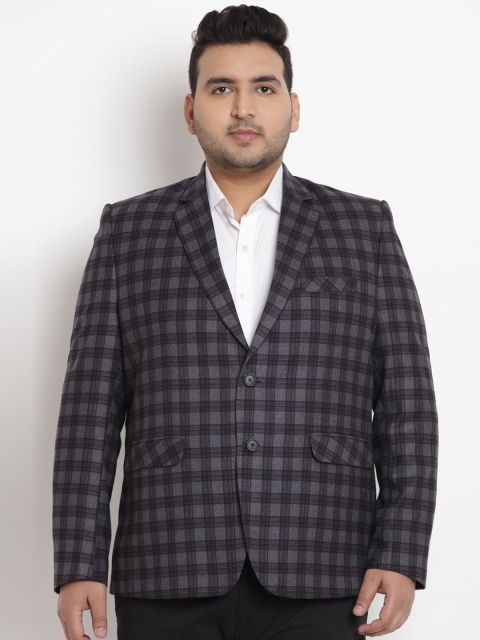 

John Pride Plus Size Men Grey Checked Single-Breasted Blazer