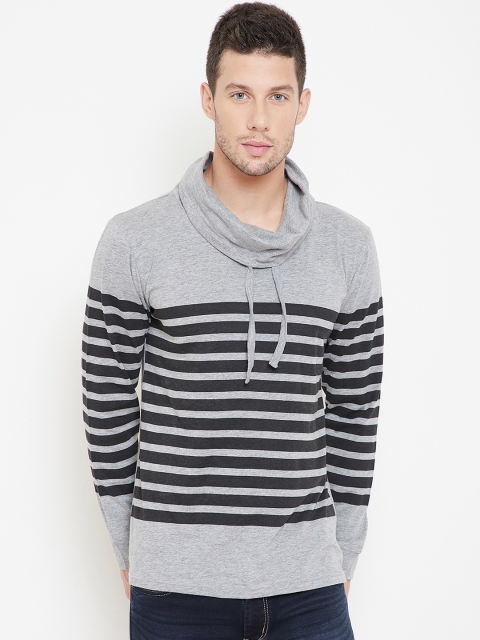 

GRITSTONES Men Grey Striped Cowl Neck T-shirt