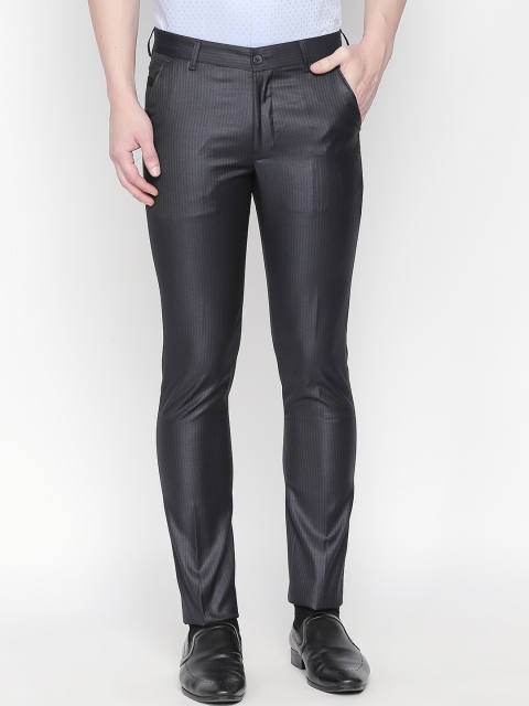 

Solemio Men Navy Blue & Grey Regular Fit Striped Formal Trousers
