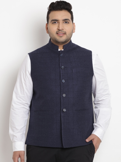 

John Pride Plus Size Men Blue Checked Woven Nehru Jacket
