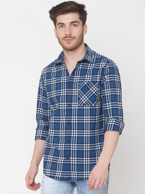 

Mufti Men Blue & White Checked Slim Fit Casual Shirt