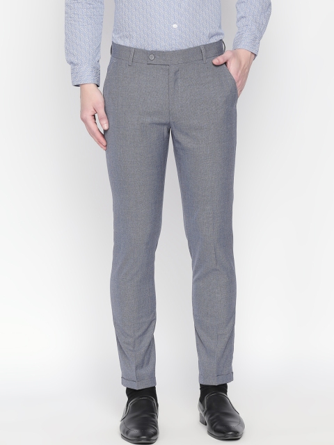 

Solemio Men Blue & Grey Slim Fit Self Design Formal Trousers