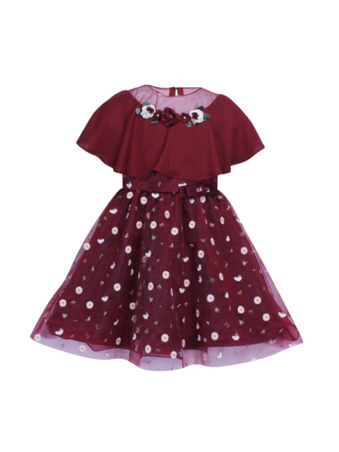

CUTECUMBER Girls Maroon Floral Printed Fit and Flare Dress