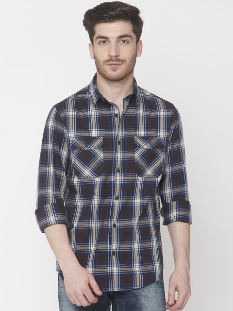 

Mufti Men Brown & Blue Slim Fit Checked Casual Shirt