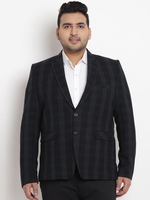 

John Pride Plus Size Men Navy Blue Grey Checked Single-Breasted Blazer