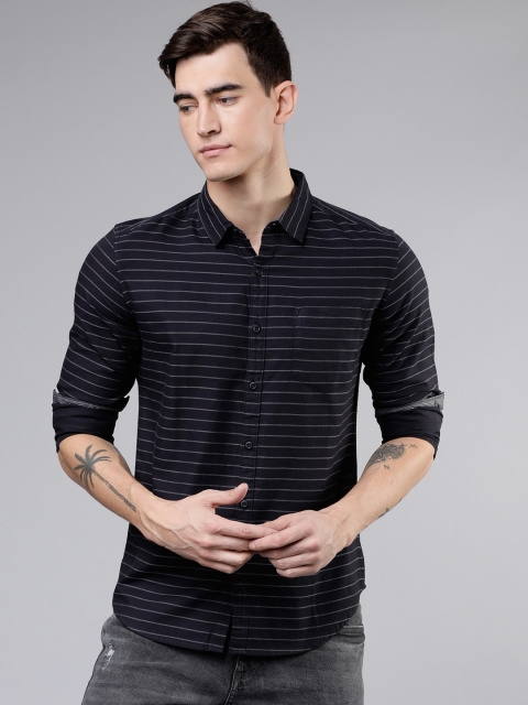 

HIGHLANDER Men Navy Blue & Grey Slim Fit Striped Casual Shirt