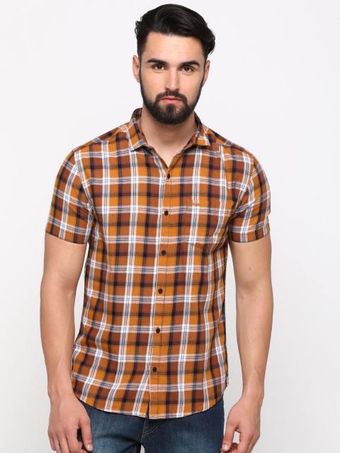 

SHOWOFF Men Mustard Yellow & Brown Slim Fit Checked Casual Shirt