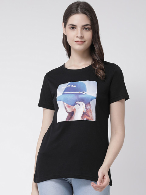 

Club York Women Black & Cream-Coloured Printed Round Neck T-shirt