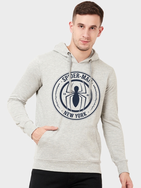 Spider-man Men Grey Melange Printed Hooded Sweatshirt
