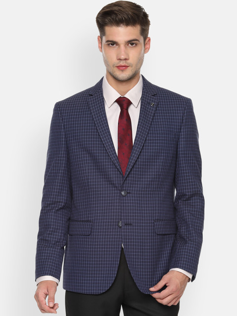 

Van Heusen Men Navy Blue Checked Single-Breasted Slim-Fit Blazer