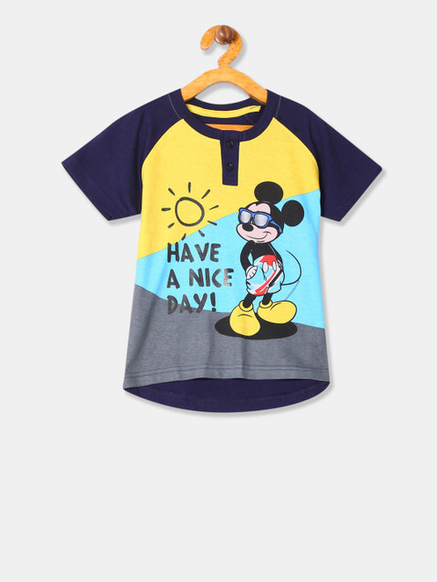 

Colt Boys Blue Mickey Mouse Printed Mandarin Collar Pure Cotton T-shirt