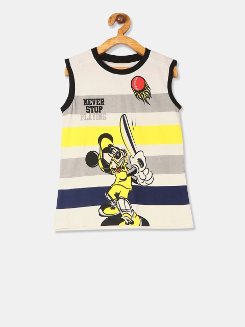 

Colt Boys Off-White & Yellow Mickey Mouse Printed Round Neck T-shirt