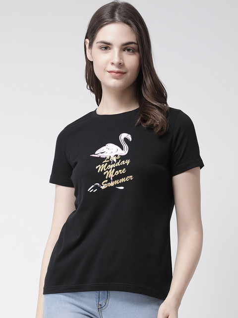 

Club York Women Black Printed Round Neck T-shirt