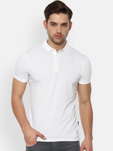 

V Dot Men White Slim Fit Printed Polo Collar T-shirt