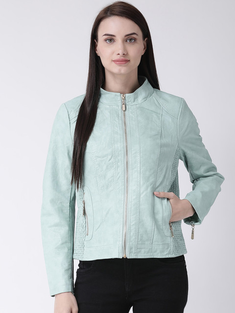 

Latin Quarters Women Sea Green Solid Asymmetric Closure Biker Jacket