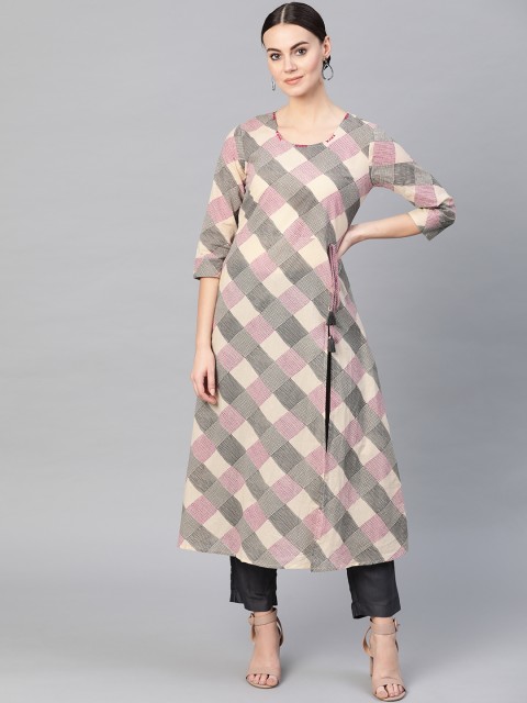 

Yuris Women Beige & Grey Checked A-Line Kurta