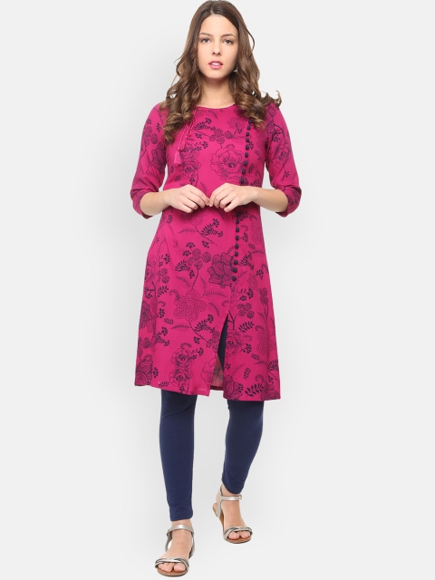 

People Women Pink & Black Printed A-Line Kurta