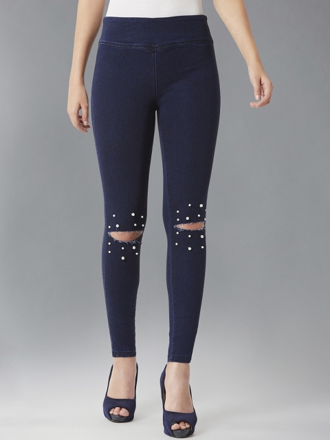 DOLCE CRUDO Navy Blue Embellished Skinny-Fit Stretchable Denim Jeggings