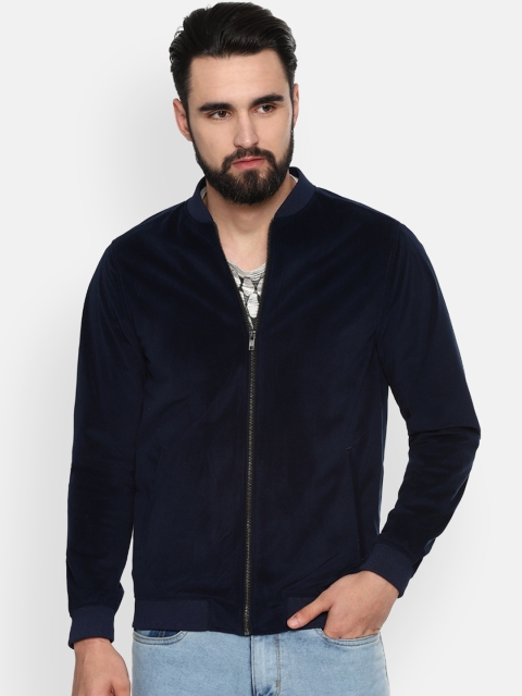 

V Dot Men Navy Blue Solid Bomber Jacket