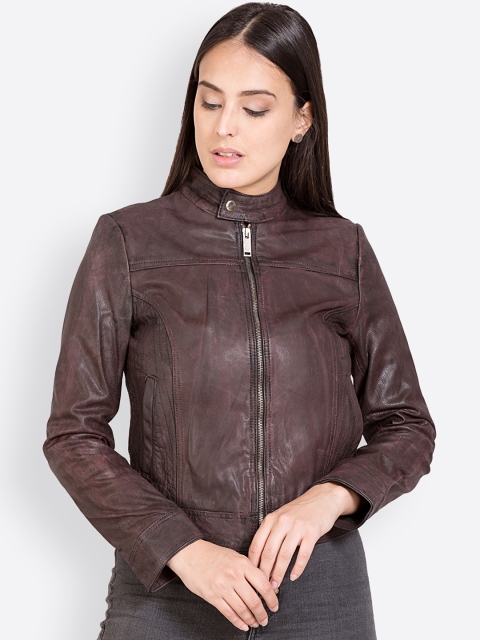 

Justanned Women Brown & Burgundy Solid Leather Jacket