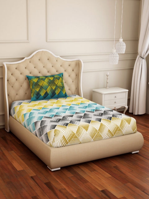 

SPACES Multicoloured Geometric 144 TC Cotton 1 Single Bedsheet with 1 Pillow Covers, Multi
