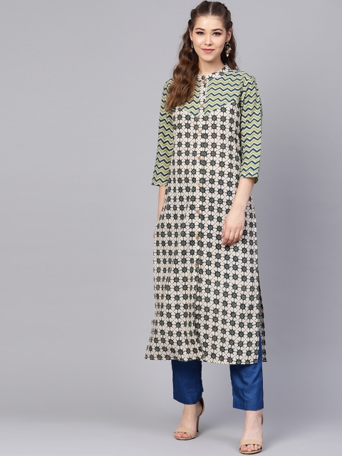 Yuris Women Green & Blue Printed Straight Kurta
