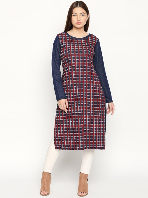 

RANGMANCH BY PANTALOONS Women Blue & Red Checked Straight Kurta, Navy blue
