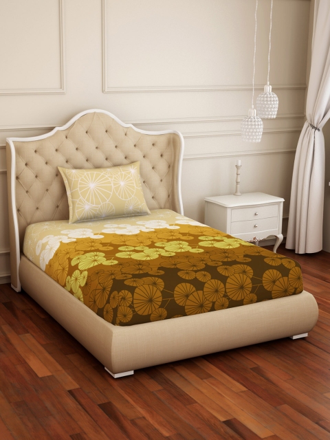 

SPACES Mustard Yellow & Brown 144 TC Cotton 1 Single Bedsheet with 1 Pillow Covers