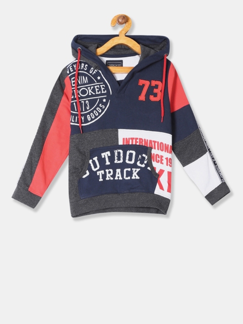 Cherokee Boys Navy Blue & Grey Printed Hooded Sweatshirt