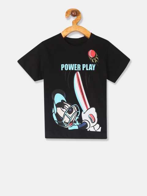 

Colt Boys Black & Turquoise Blue Mickey Mouse Printed Round Neck T-shirt