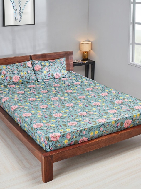 

Chumbak Turquoise Blue & Pink Floral Printed Superfine Double Bedding Set