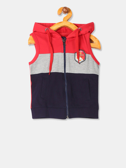

Cherokee Boys Red & Navy Blue Colourblocked Hooded Sweatshirt