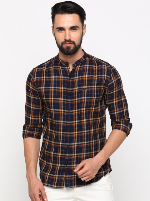 

SHOWOFF Men Mustard & Blue Slim Fit Checked Casual Shirt