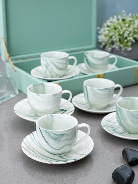 White Gold Set of 6 White & Green Printed Porcelain Cup and Saucer Set