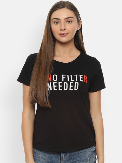 

People Women Black Printed Round Neck T-shirt