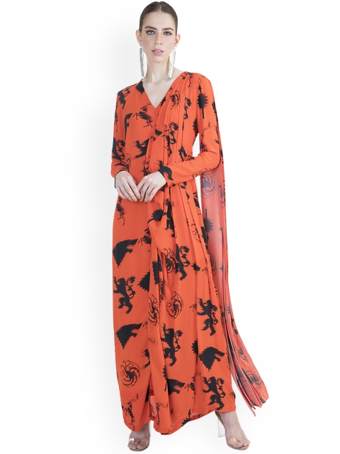 

Pernia Pop-Up Shop By MASABA X GOT Black & Orange Ready To Wear Gown Saree