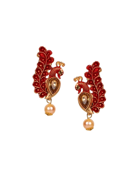 

ANIKAS CREATION Maroon & Gold-Plated Peacock Shaped Drop Earrings