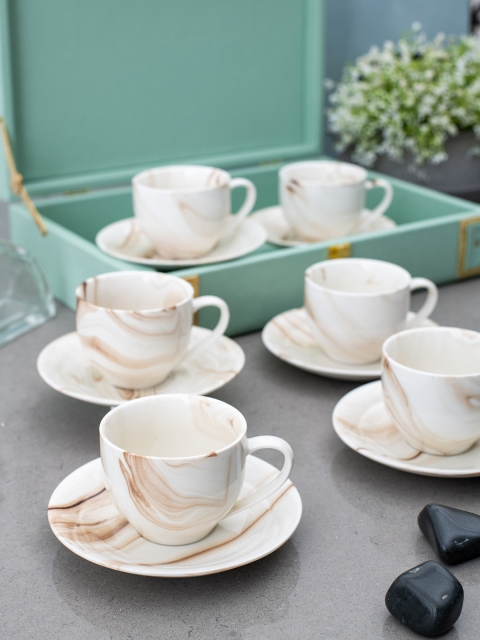 

White Gold Beige 12-Pieces Printed Porcelain Cups and Saucers Set