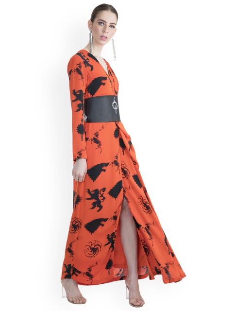 

Pernia Pop-Up Shop By MASABA X GOT Orange & Black Ready To Wear Gown Saree With Belt