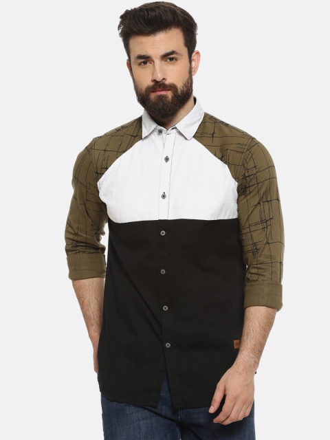 

Campus Sutra Men Navy Blue & Olive Green Regular Fit Colourblocked Casual Shirt