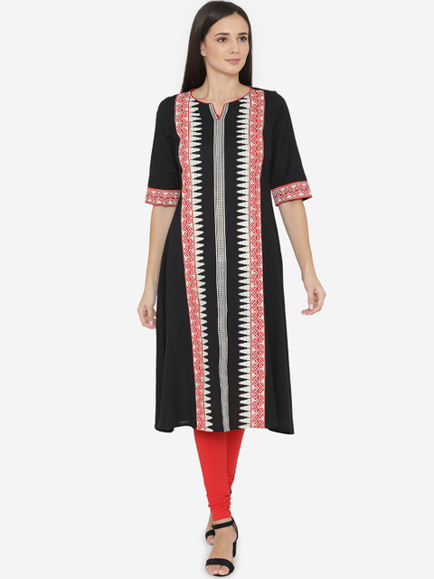 

Laabha Women Black & Off-White Printed Straight Kurta