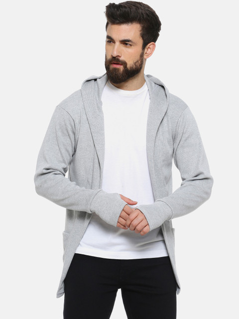 

Campus Sutra Men Grey Solid Hooded Open Front Shrug