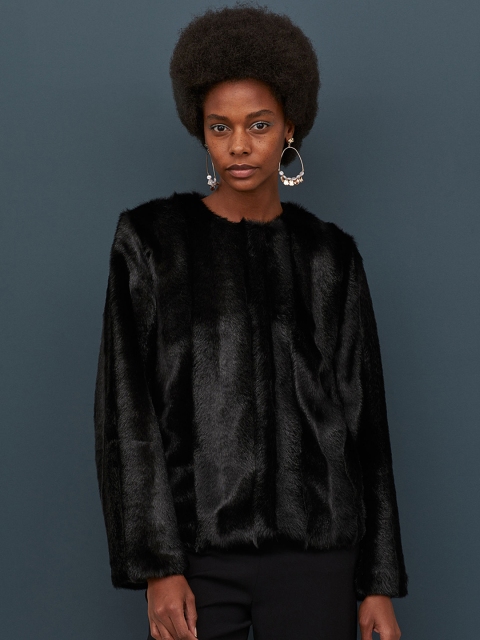 

H&M Women Black Solid Faux Fur Jacket