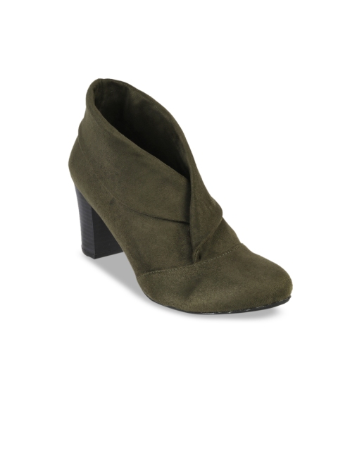 

LEMON & PEPPER Women Olive Green Solid Heeled Boots